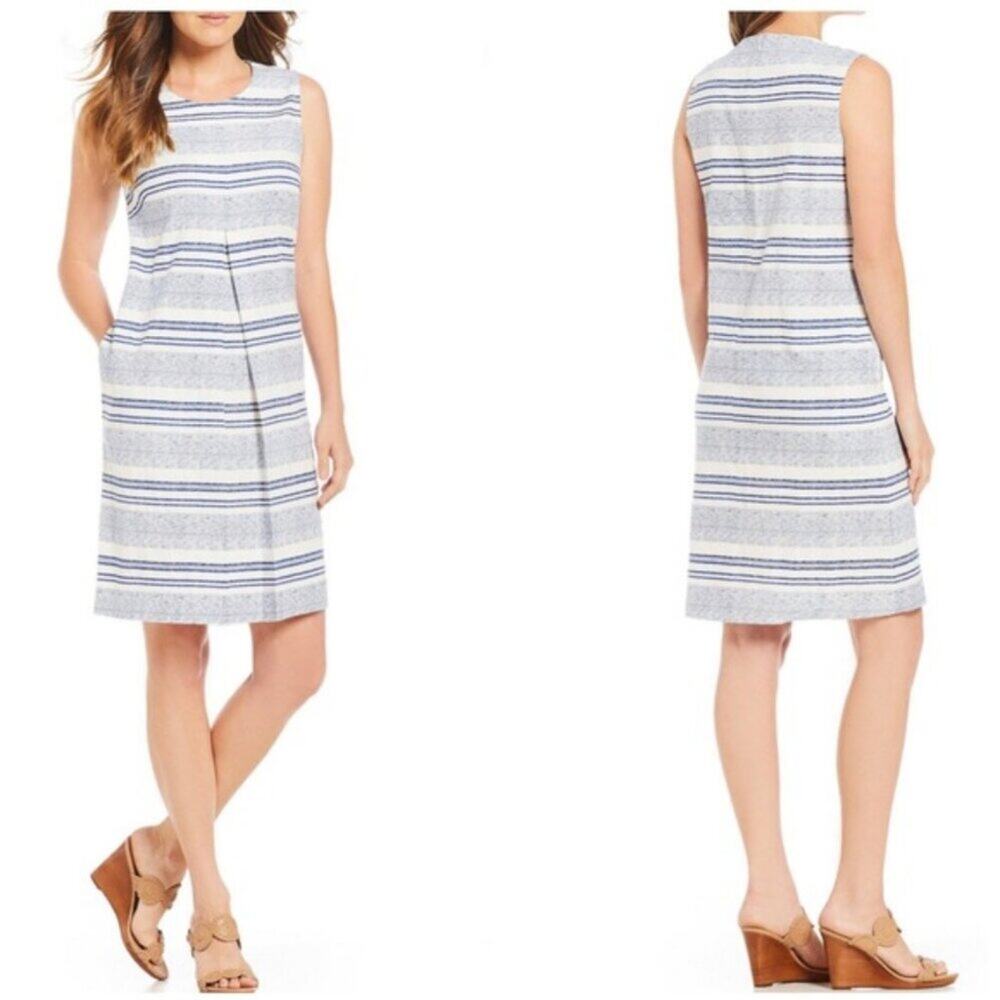 J. McLaughlin XS Navy Striped Tracy Shift Dress A-Line Pockets Cotton